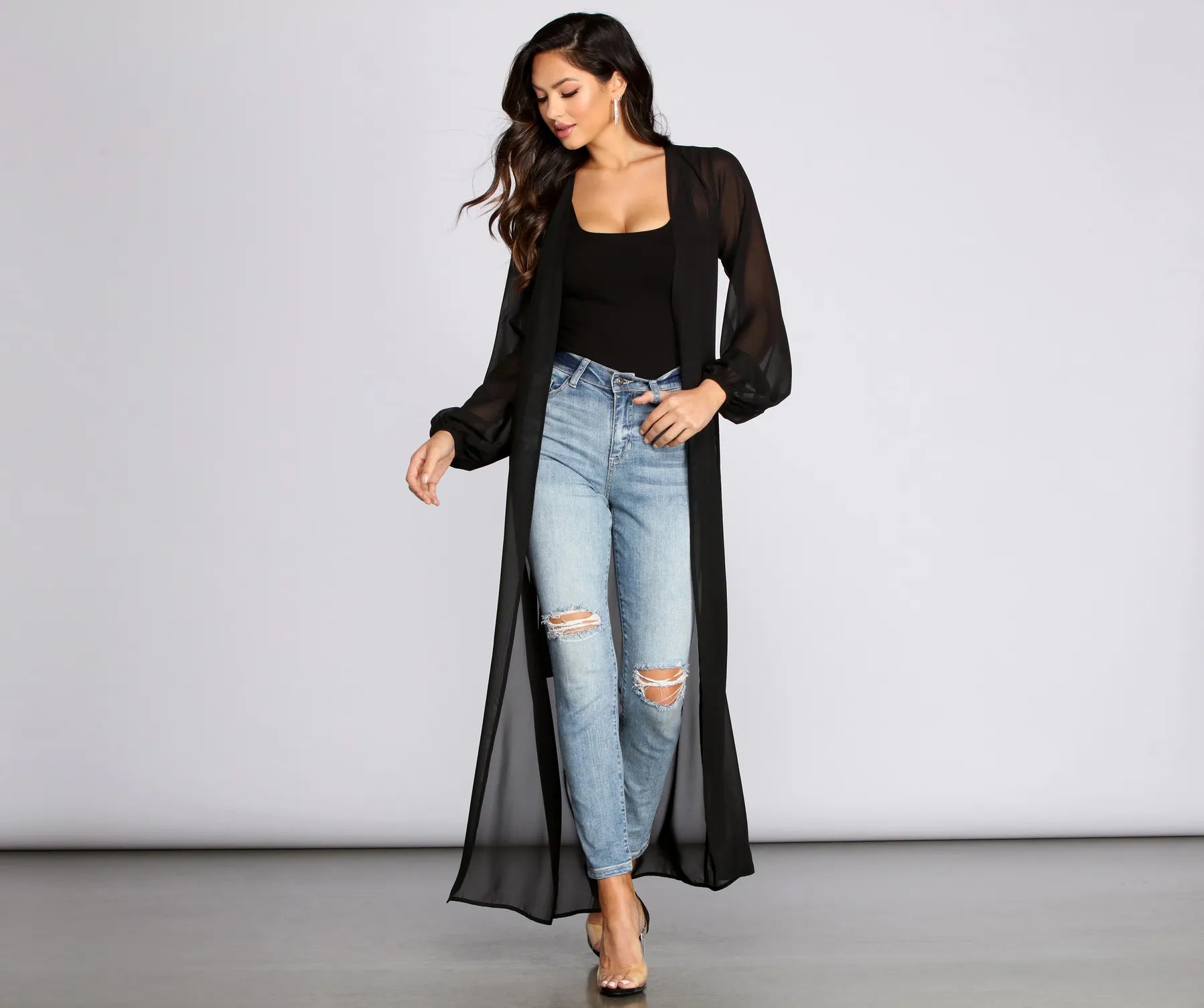 Cardigan with leaf hem -Chic Chiffon Tie Front Duster