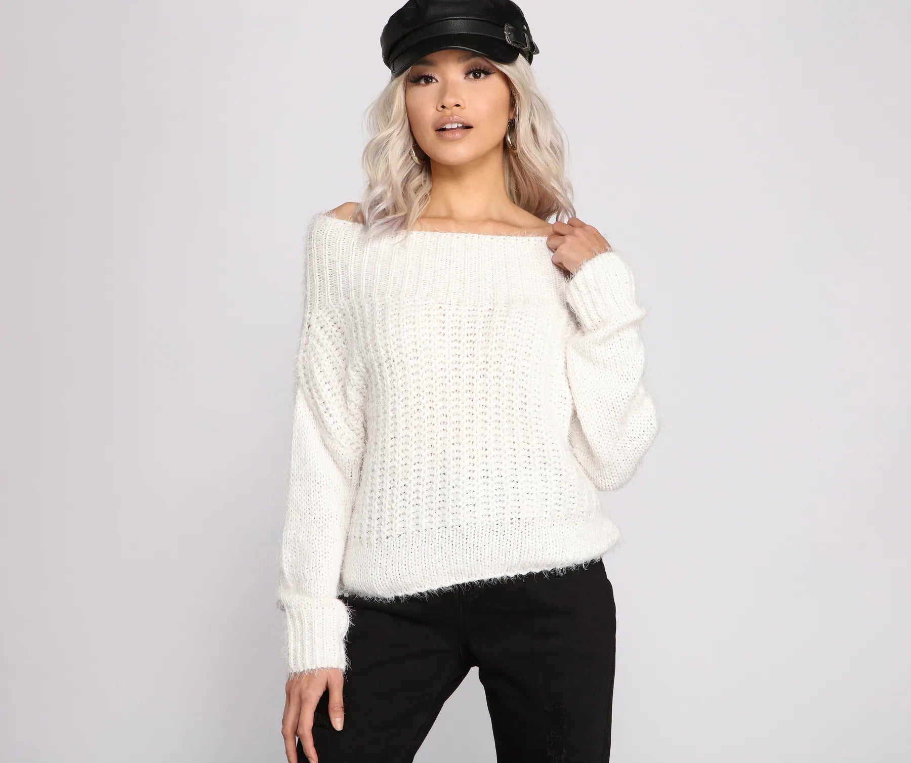 Pullover sweater with beach events -Cozy Eyelash Knit Off The Shoulder Sweater