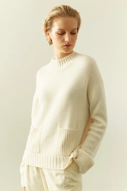 Pullover sweater with short hem -Cream Cashmere Patch Pocket Sweater