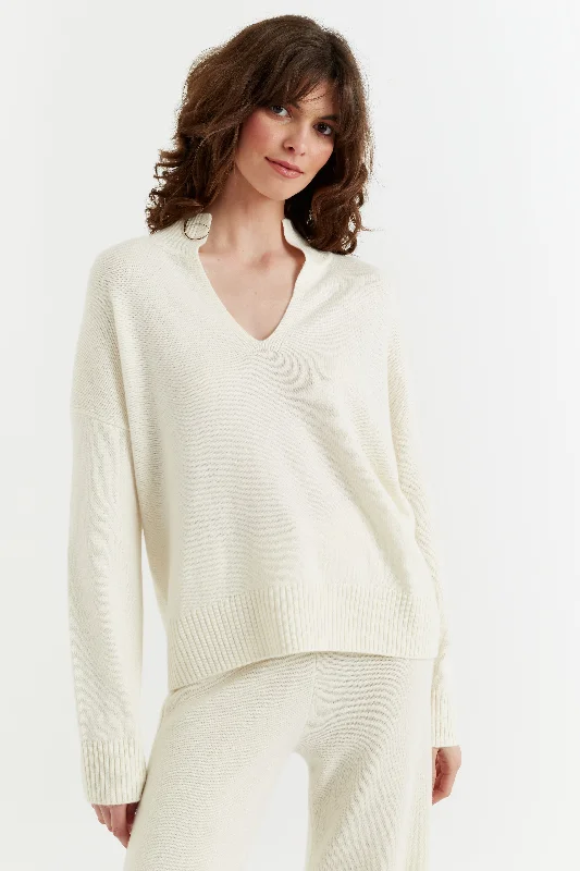 Pullover sweater with thin cuffs -Cream Cashmere V-Neck Funnel Sweater