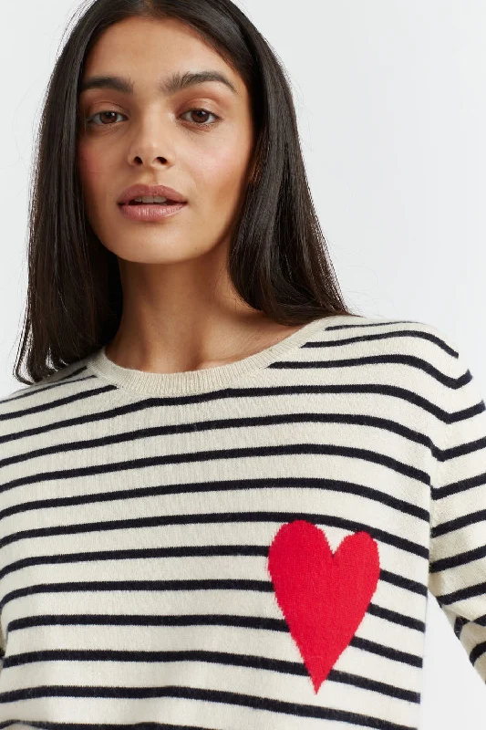 Pullover sweater with loose cuffs -Cream-Navy Breton Heart Wool-Cashmere Sweater