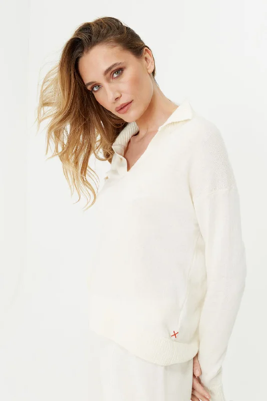 Pullover sweater for outdoor walks -Cream Wool-Cashmere Collared Sweater