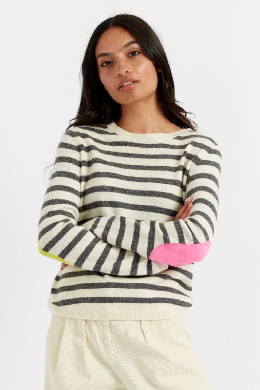 Pullover sweater with deep neck -Cream Wool-Cashmere Elbow Patch Sweater