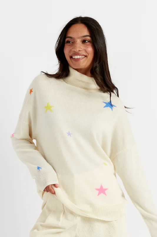 Pullover sweater for spring layering -Cream Wool-Cashmere Star Rollneck Sweater