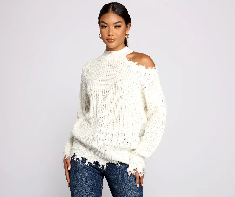 Pullover sweater with wide collar -Distressed Cold Shoulder Crew Neck Sweater