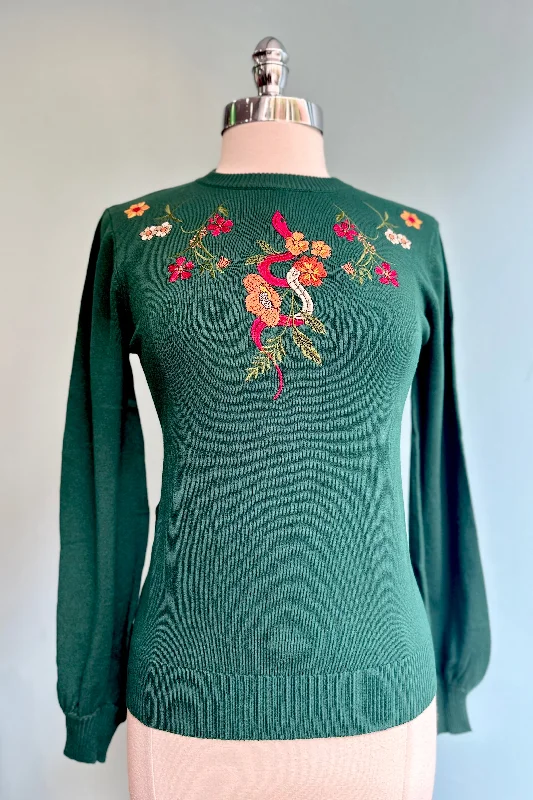 Pullover sweater for festive nights -Floral Snake Embroidered Sweater by Voodoo Vixen