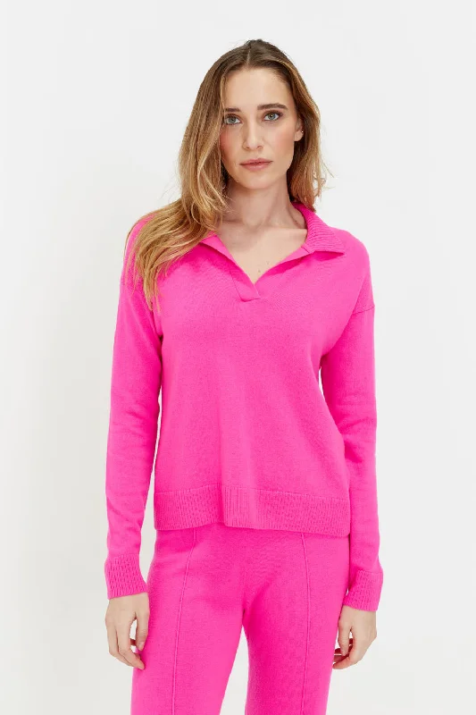 Pullover sweater with block sleeves -Fuchsia Wool-Cashmere Collared Sweater