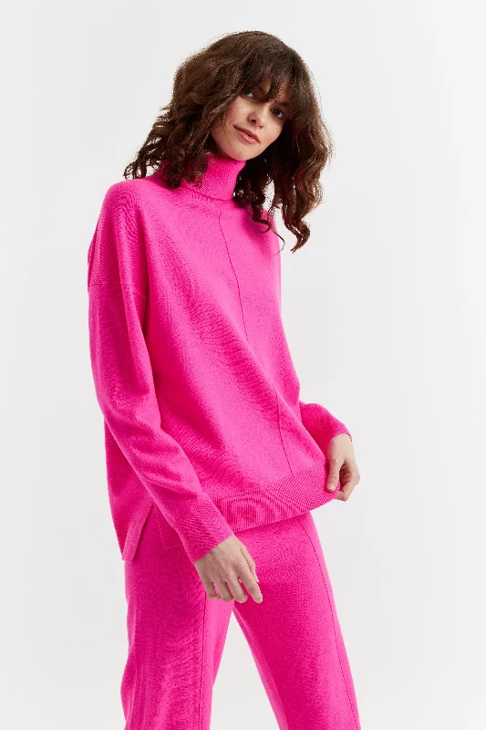 Pullover sweater for spring trips -Fuchsia Wool-Cashmere Relaxed Rollneck Sweater