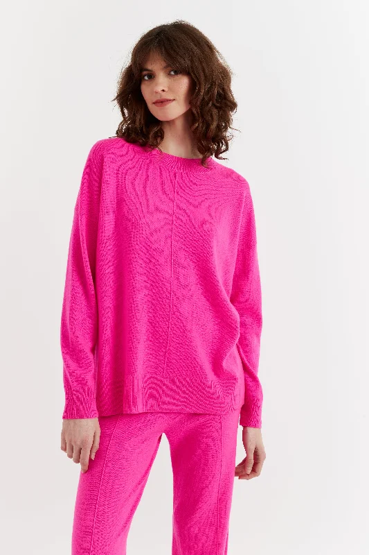 Pullover sweater for winter outings -Fuchsia Wool-Cashmere Slouchy Sweater