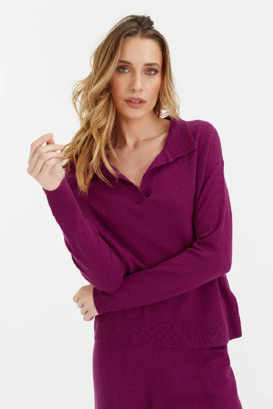 Pullover sweater with grid sleeves -Grape Wool-Cashmere Collared Sweater