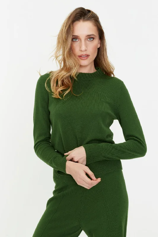 Pullover sweater with back tie -Green Wool-Cashmere Cropped Sweater