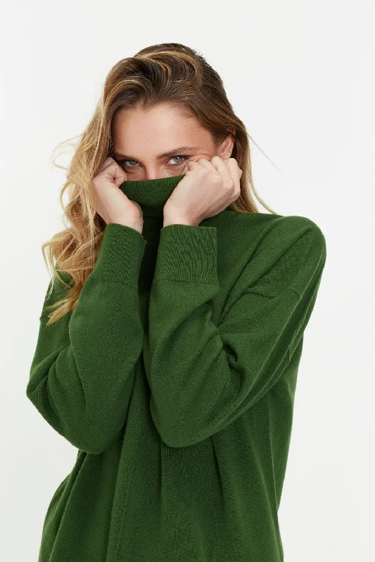 Pullover sweater with stripe cuffs -Green Wool-Cashmere Relaxed Rollneck Sweater