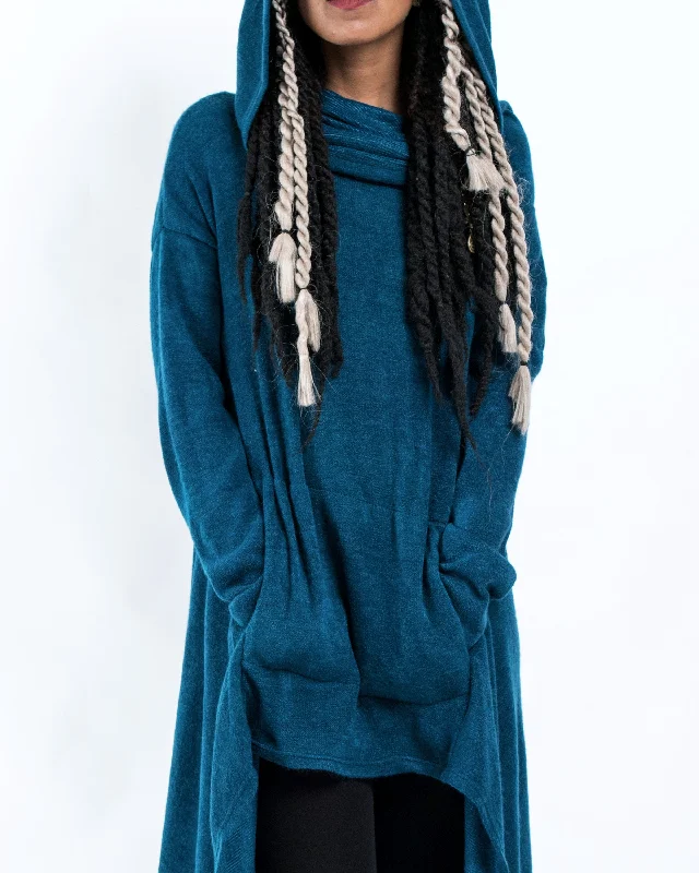 Pullover sweater with swirl hem -Ultra Long Hooded Sweater in Blue