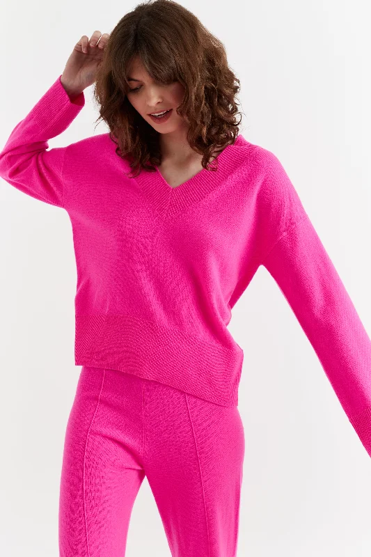 Pullover sweater with long hem -Fuchsia Wool-Cashmere V-Neck Sweater