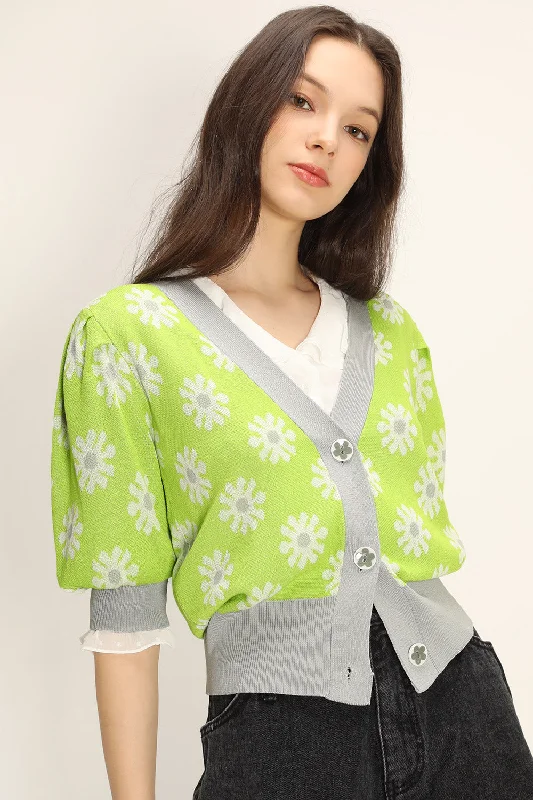 Cardigan with swirl hem -Kathleen Floral Puffed Cardigan