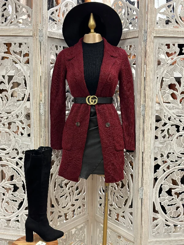 Open front cardigan with belt -Knit Burgundy Button Cardigan