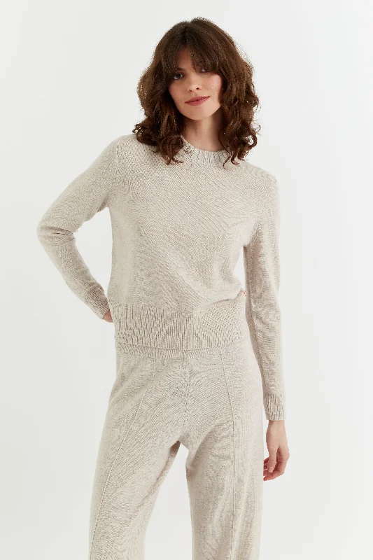 Pullover sweater with thin collar -Light-Oatmeal Wool-Cashmere Cropped Sweater