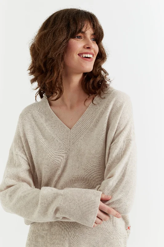 Pullover sweater with wide collar -Light-Oatmeal Wool-Cashmere V-Neck Sweater