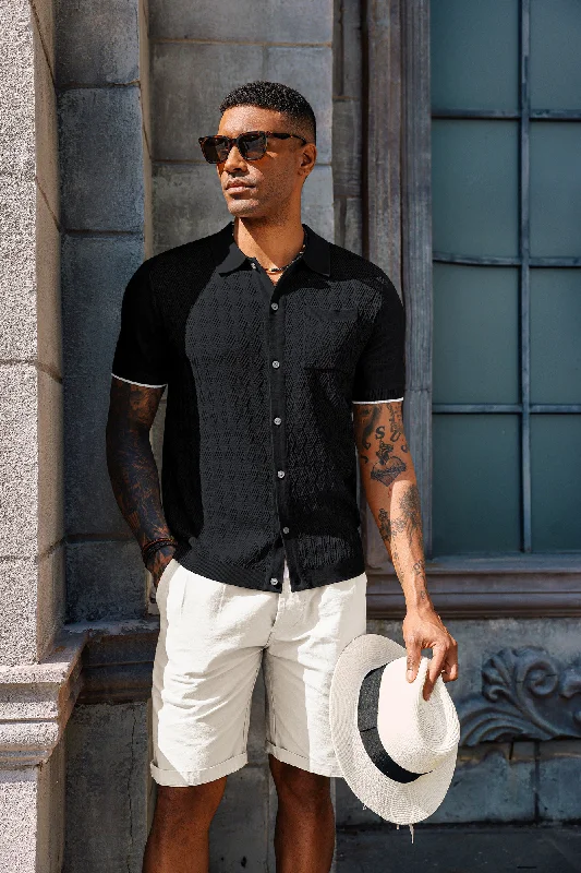 Striped cardigan for fall fashion -Men's Polo Cardigan Shirt Short Sleeve Textured Button Down Knit Polo Shirts