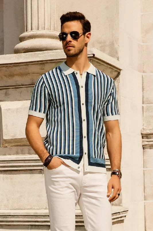 Cardigan for beach trips -Men's Striped Polo Shirts Breathable Knit Shirt 70s Vintage Cardigans Shirt Short Sleeve Button Down Casual Clothing