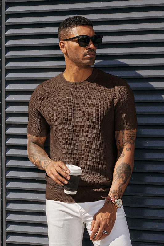 Pullover sweater for fall outings -Men's T-Shirts Casual Knit Short Sleeve Crewneck Honeycomb Waffle Solid Knitted Pullover Tees