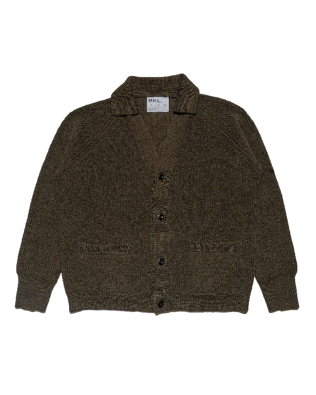 Cardigan with shawl collar -MHL Collared Cardigan Virgin Wool Dark Olive