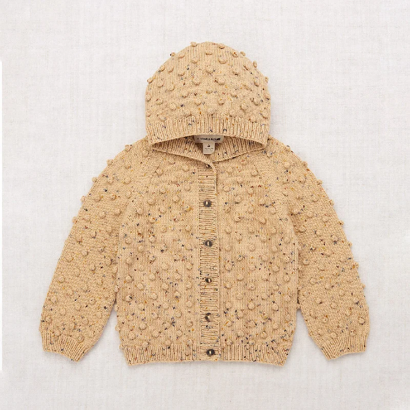 Cardigan with subtle print -Hand Knit Merino Wool Hooded Popcorn Cardigan - Camel Confetti