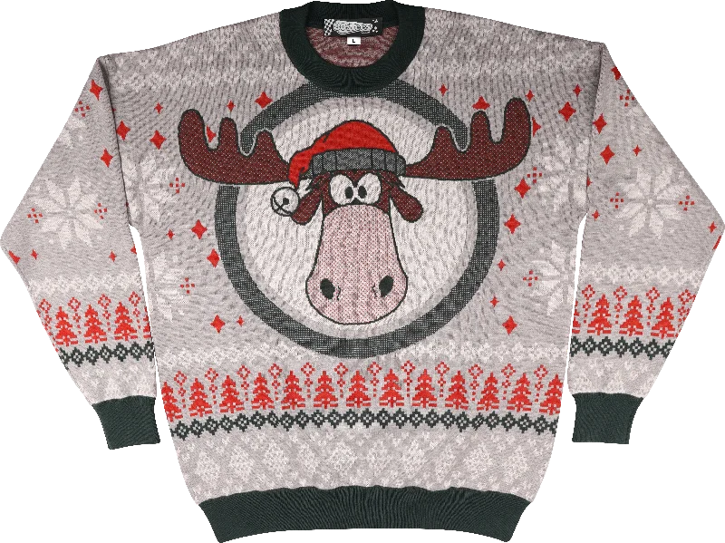 Pullover sweater for morning outings -Moose Head With Santa Claus Hat Christmas Vacation Knitted Sweater