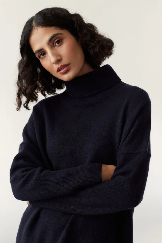 Pullover sweater with festive trips -Navy Cashmere Rollneck Sweater