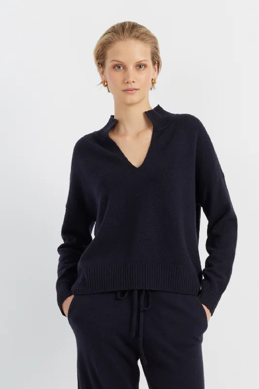 Pullover sweater for spring outings -Navy Cashmere V-Neck Funnel Sweater