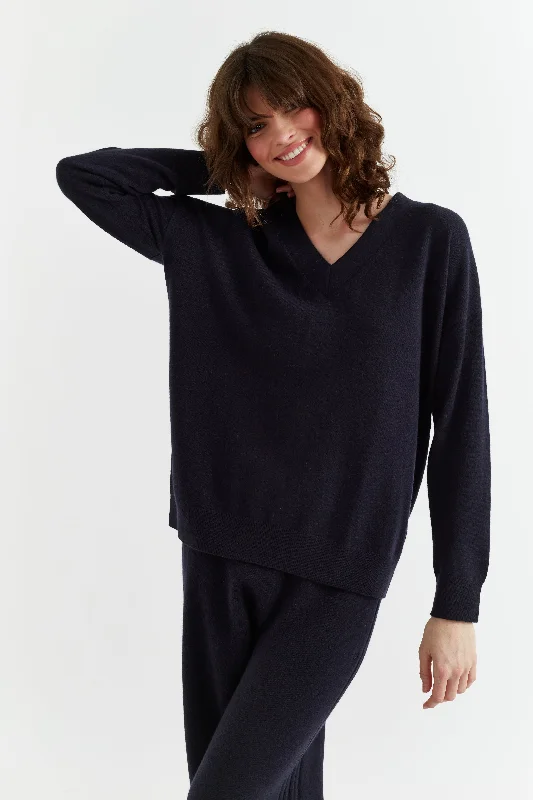 Pullover sweater for winter outings -Navy Cashmere V-Neck Sweater