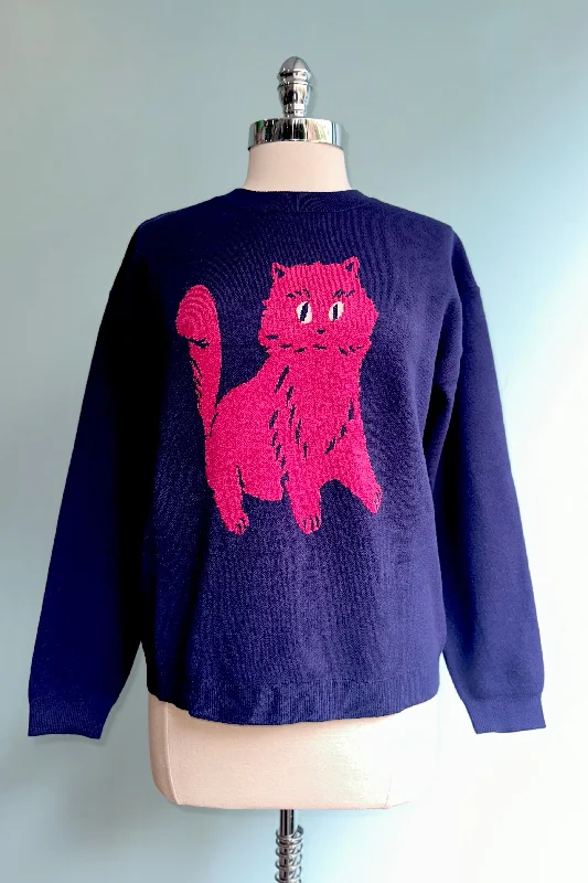 Pullover sweater with zigzag pattern -Navy Cat Print Sweater by Compania Fantastica