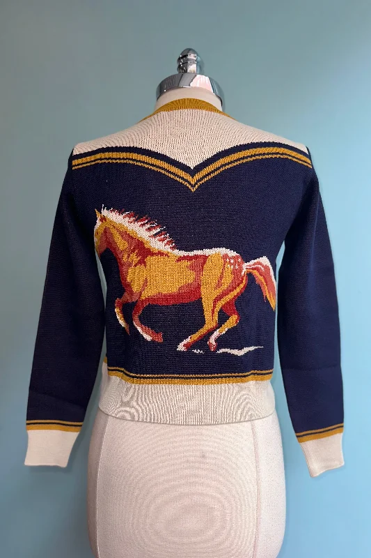 Cardigan with back cuffs -Navy Jacquard Horse Vera Cardigan by Palava