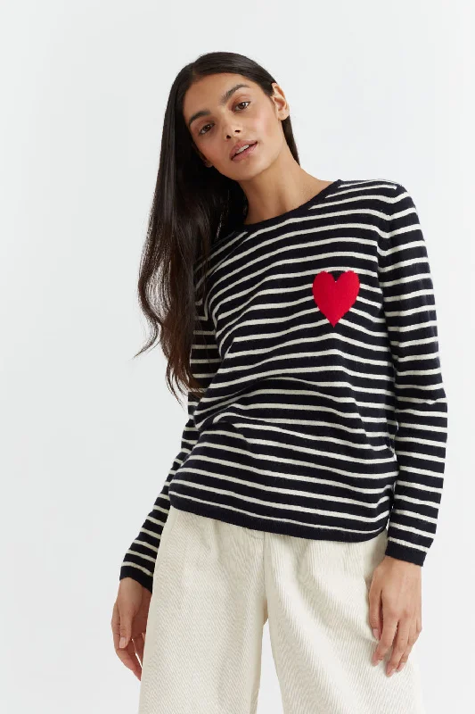 Pullover sweater with front tie -Navy-Cream Breton Heart Wool-Cashmere Sweater