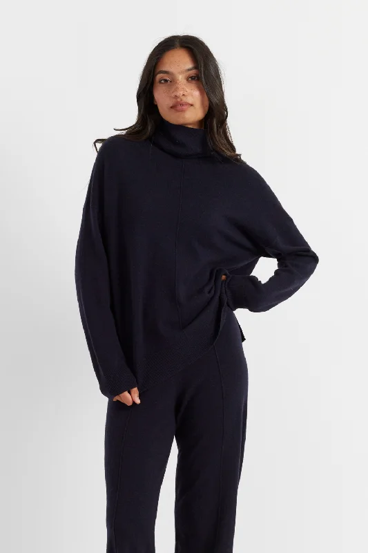 Pullover sweater for summer nights -Navy Wool-Cashmere Relaxed Rollneck Sweater