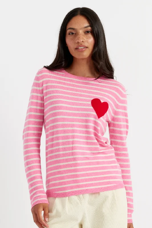 Pullover sweater with striped sleeves -Pink Breton Heart Wool-Cashmere Sweater