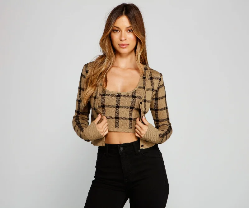 Cardigan with heart print -Plaid Daze Cropped Cardigan