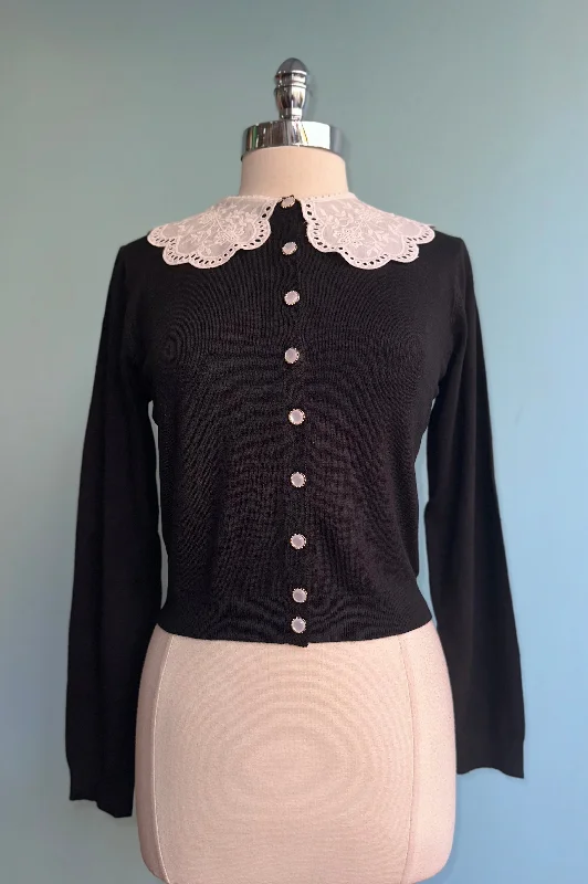 Cardigan with V-neck design -Polly Doily Collar Cardigan in Black by Banned