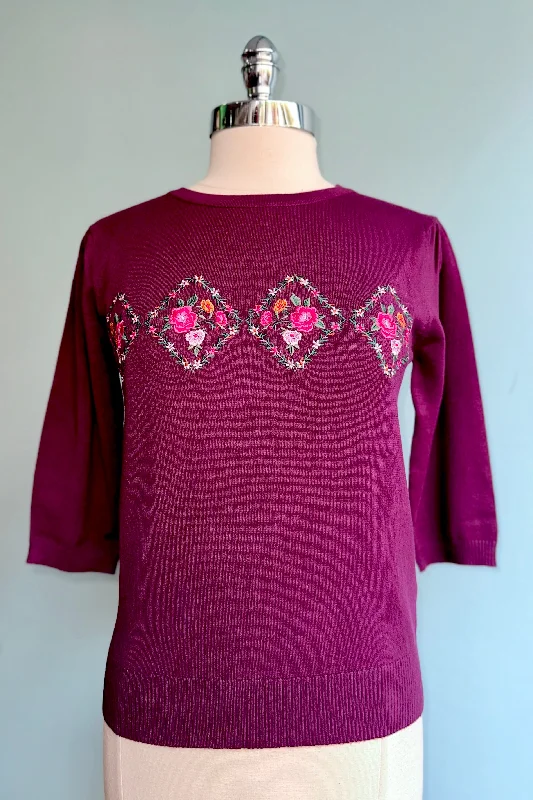 Pullover sweater for morning yoga -Purple Diamond Floral Embroidered Sweater by Voodoo Vixen