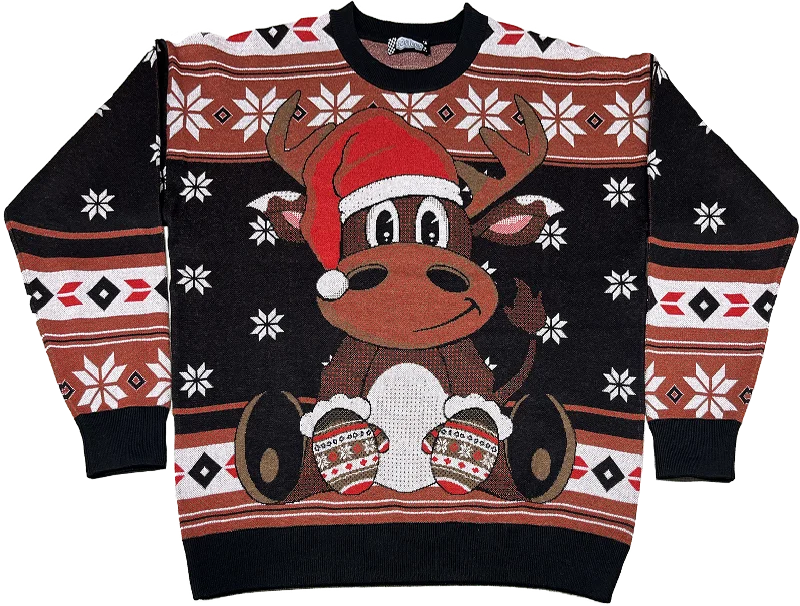 Pullover sweater for school events -Reindeer In Santa Claus Hat Knitted Christmas Sweater