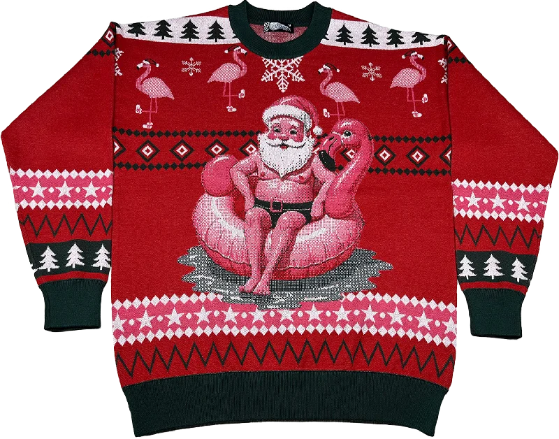 Pullover sweater for fall picnics -Santa Chilling In The Pool Knitted Christmas Sweater