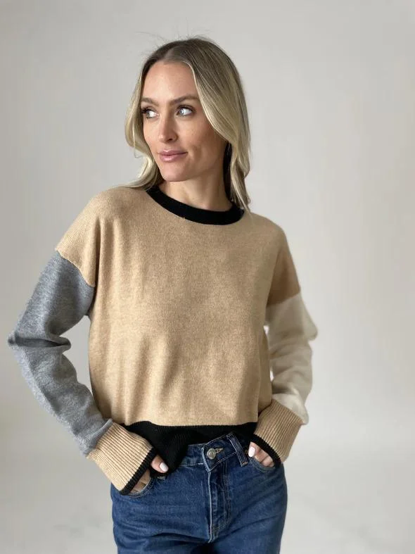 Pullover sweater with swirl cuffs -Six Fifty Colorblock Crew Sweater