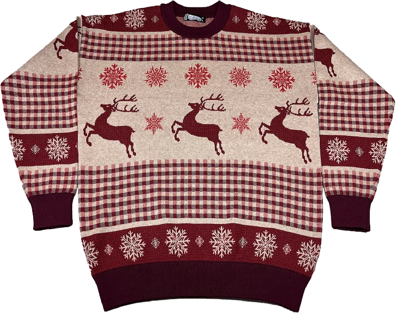 Pullover sweater for spring outings -Snowflakes & Reindeer Knitted Christmas Sweater