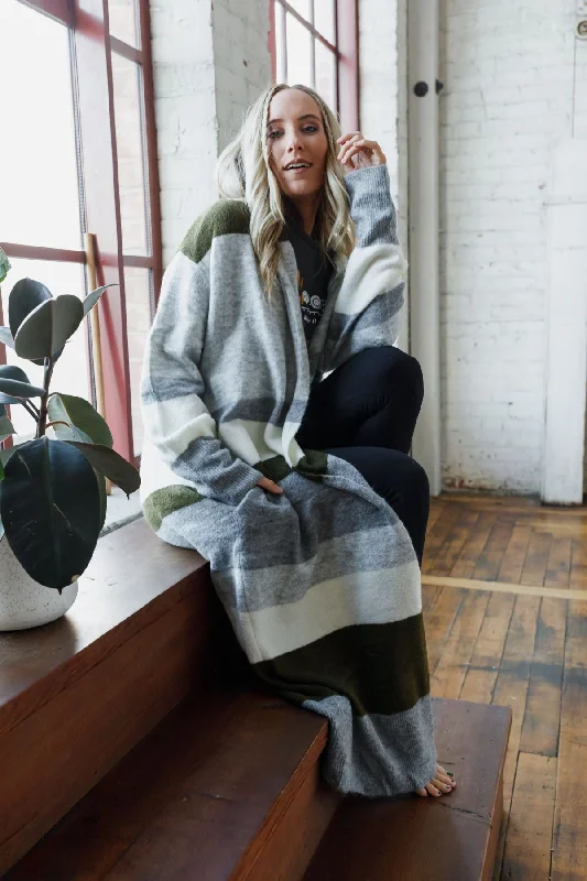 Cardigan with short cuffs -The Nest So Cozy Oversized Striped Knit Duster - Olive Multi