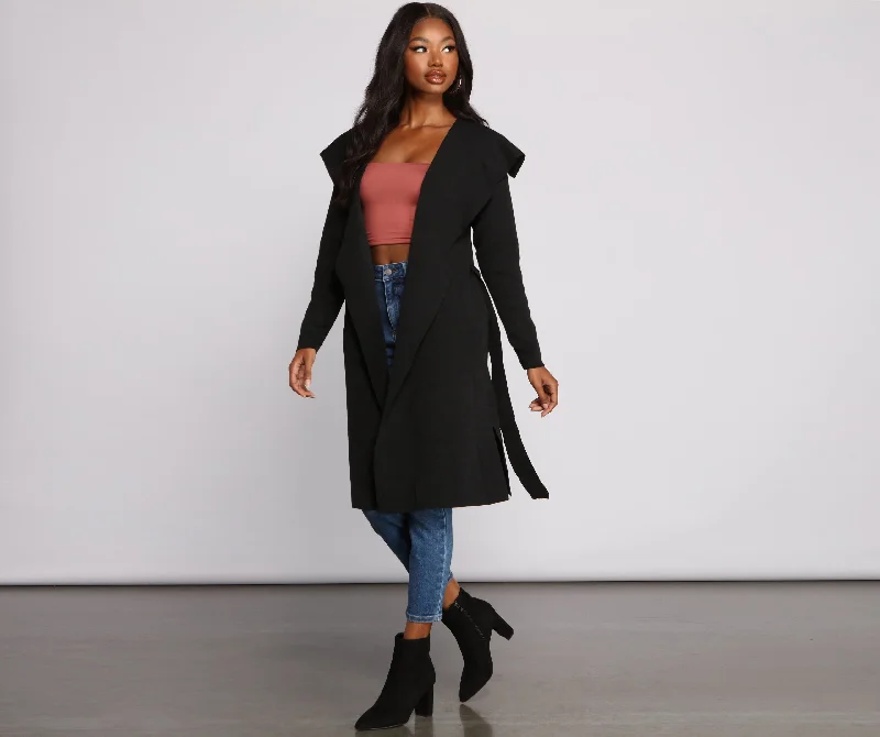 Longline cardigan in black -Trend Alert Tie Waist Trench Duster