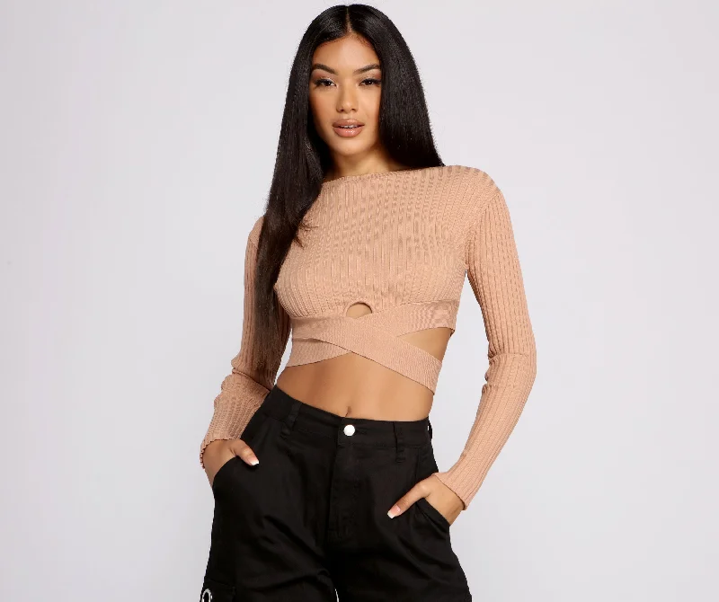 Pullover sweater with wide collar -Trendy Girl Ribbed Knit Cropped Sweater