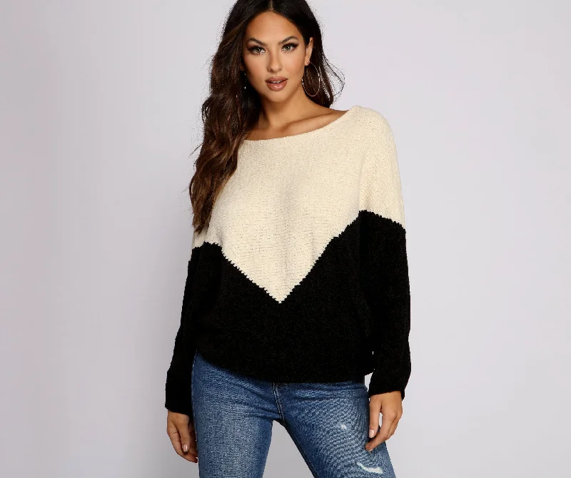 Pullover sweater with thin hem -Two Tone Chenille Boat Neck Sweater