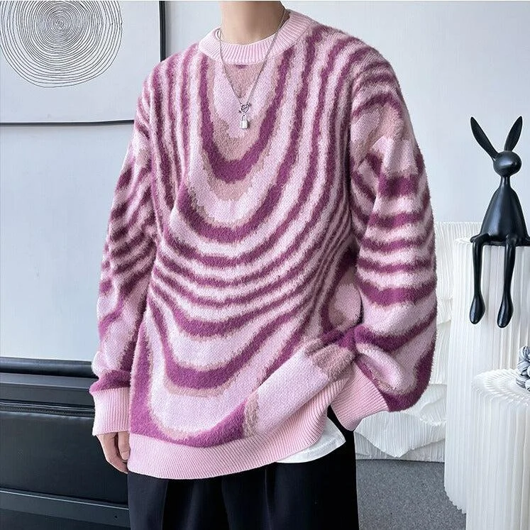 Pullover sweater for fall trips -Y2K Wavy Striped Knitted Sweater