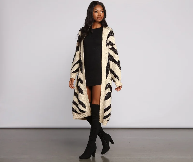 Cardigan with spring nights -Zebra Print Long Line Cardigan