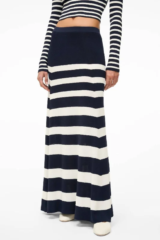 Brown maxi skirts warm -Swirling Striped Maxi Skirt In Navy/white